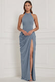 Halter Navy Ruched Sheath Lace-up Back Bridesmaid Dress with Slit