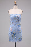Pink Floral Sequin Strapless Bodycon Short Homecoming Dress