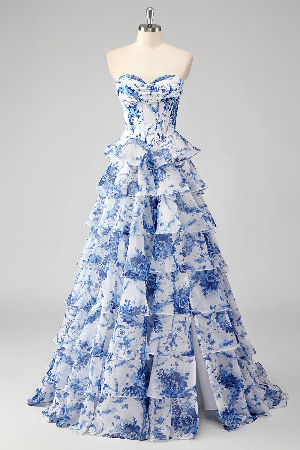 Blush Floral A-Line Strapless Ruffled Corset Printed Tiered Long Prom Dress with Slit