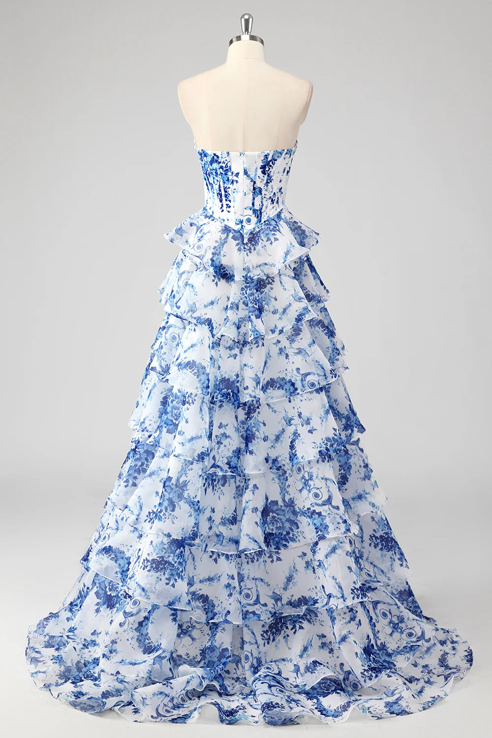 Blush Floral A-Line Strapless Ruffled Corset Printed Tiered Long Prom Dress with Slit