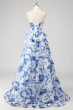 Blush Floral A-Line Strapless Ruffled Corset Printed Tiered Long Prom Dress with Slit
