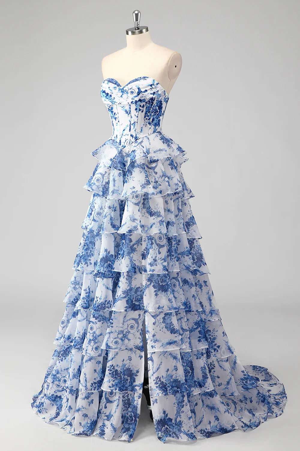 Blush Floral A-Line Strapless Ruffled Corset Printed Tiered Long Prom Dress with Slit