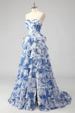 Blush Floral A-Line Strapless Ruffled Corset Printed Tiered Long Prom Dress with Slit