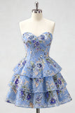 Pink Floral Sweetheart Sequin Tiered Ruffle A Line Homecoming Dress
