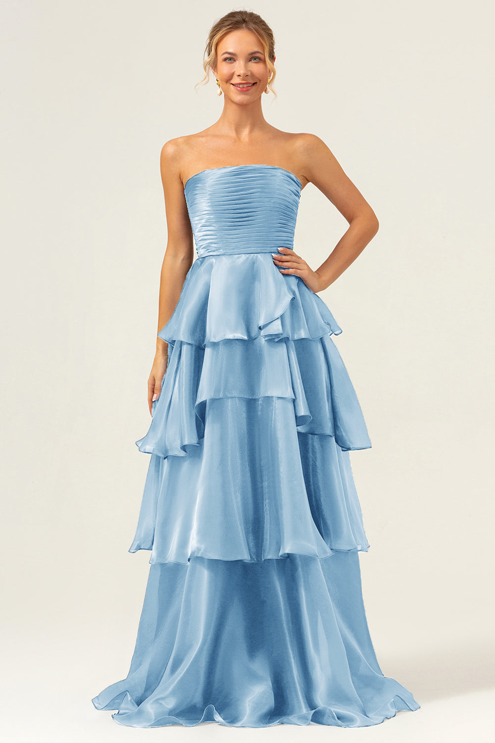 Wedtrend Women Dark Navy Tiered Maxi Dress A Line Strapless Wedding Guest Dress Tiered Pleated Ruffled Prom Dress, Blue / US12