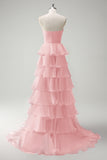 Hot Pink Sweetheart Princess Cut Out Tiered Long Prom Dress with Slit