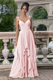 Pine A Line Spaghetti Straps Chiffon Long Asymmetrical Bridesmaid Dress with Ruffles