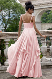 Pine A Line Spaghetti Straps Chiffon Long Asymmetrical Bridesmaid Dress with Ruffles