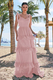 Eucalyptus A-Line Bow Tie Straps Corset Tiered Bridesmaid Dress with Slit