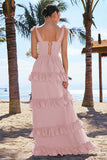 Eucalyptus A-Line Bow Tie Straps Corset Tiered Bridesmaid Dress with Slit