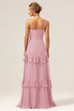 Dark Green A Line V Neck Ruffled Chiffon Tiered Long Bridesmaid Dress with Slit