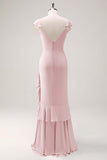 Dusty Sage Sheath V Neck Open Back Chiffon Long Bridesmaid Dress with Ruffles