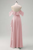 Light Green Sheath Off The Shoulder Chiffon Long Bridesmaid Dress with Ruffle Slit
