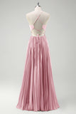 Grey Green A-Line Spaghetti Straps Pleated Long Bridesmaid Dress With Lace Up Back