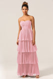 A-Line Sweetheart Floor Length Tiered Chiffon Bridesmaid Dress