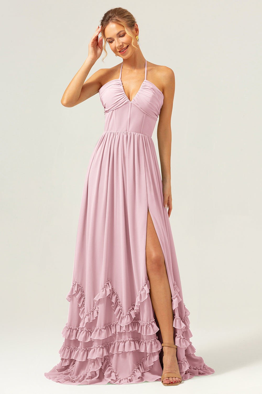 Wedtrend Women A Line Bridesmaid Dress with Slit Halter Lace Up Back Chiffon Long Wedding Guest Dress, Blush Pink
