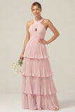 Lilac Halter Keyhole A Line Tiered Ruffle Pleated Bridesmaid Dress
