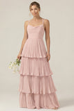 Dusty Sage Cowl Neck A Line Tiered Pleated Long Bridesmaid Dress