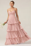 Dark Green A Line Ruched Pleated Spaghetti Straps Tiered Bridesmaid Dress