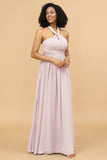 A Line One Shoulder V Neck Halter Neck Floor Length Grey Blue Bridesmaid Dress