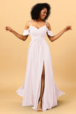A Line Spaghetti Straps Long Chiffon Bridesmaid Dress With Slit
