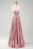 Grey Green A-Line Spaghetti Straps Pleated Long Bridesmaid Dress With Lace Up Back