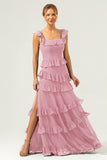 Dark Navy A Line Square Neck Tiered Long Chiffon Bridesmaid Dress with Ruffles