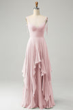 A Line Spaghetti Straps Chiffon Long Bridesmaid Dress with Ruffles