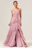 Dark Green A Line V Neck Ruffled Chiffon Tiered Long Bridesmaid Dress with Slit