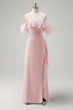 Light Green Sheath Off The Shoulder Chiffon Long Bridesmaid Dress with Ruffle Slit