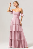 Eucalyptus A Line Off The Shoulder Tiered Long Bridesmaid Dress