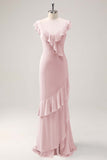 Dusty Sage Sheath V Neck Open Back Chiffon Long Bridesmaid Dress with Ruffles