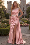 One Shoulder Light Blue A Line Ruched Prom Dress with Slit