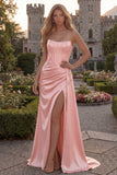 Strapless Corset Satin Burgundy Prom Dress with Slit