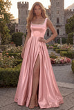 Blush Satin A Line Square Neck Pearl Prom Dress with Slit