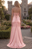 Strapless Corset Satin Burgundy Prom Dress with Slit