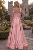 Blush Satin A Line Square Neck Pearl Prom Dress with Slit