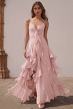 Dusty Blue Spaghetti Straps Chiffon A-Line Ruffled Bridesmaid Dress