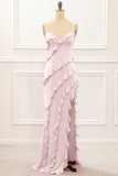 Spaghetti Straps Jade Tiered Mermaid Bridesmaid Dress With Slit