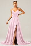 Royal Blue A Line V Neck Pleated Satin Bridesmaid Dress with Slit