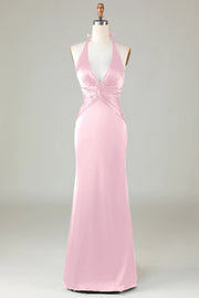 Blushing Pink Mermaid Halter V Neck Open Back Satin Ruched Long Bridesmaid Dress