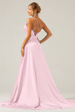 Royal Blue A Line V Neck Pleated Satin Bridesmaid Dress with Slit