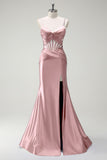 Dark Green Mermaid Spaghetti Straps Satin Prom Dress with Sheer Corset Bodice