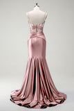 Dark Green Mermaid Spaghetti Straps Satin Prom Dress with Sheer Corset Bodice