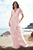 Green A-Line V Neck Ruched Tiered Long Bridesmaid Dress with Slit