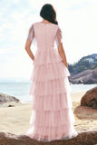 Green A-Line V Neck Ruched Tiered Long Bridesmaid Dress with Slit