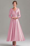 A Line Grey Blue V-Neck Mother Of the Bride Dress with Long Sleeves