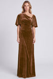 Dark Grey Asymmetrical Neck Velvet Formal Dress with Short Sleeves
