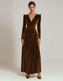 Olive Velvet A-Line V-Neck Holiday Dress With Long Sleeves