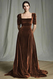 Olive Velvet A-Line Square Neck Ruched Maxi Holiday Dress with Sleeves